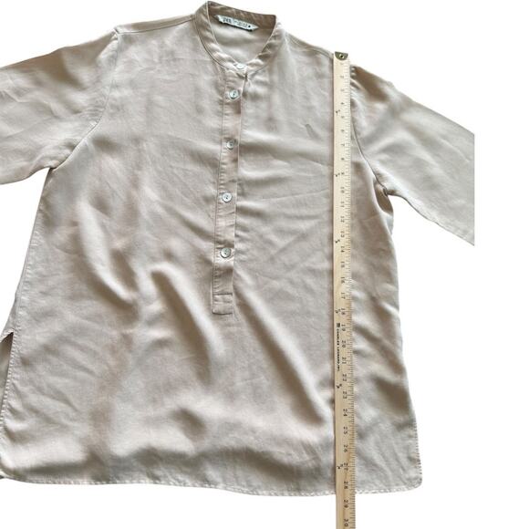 ZARA Tan Lyocell Blend Button-Up Shirt Minimalist Collarless Long Sleeve Blouse - Picture 10 of 10